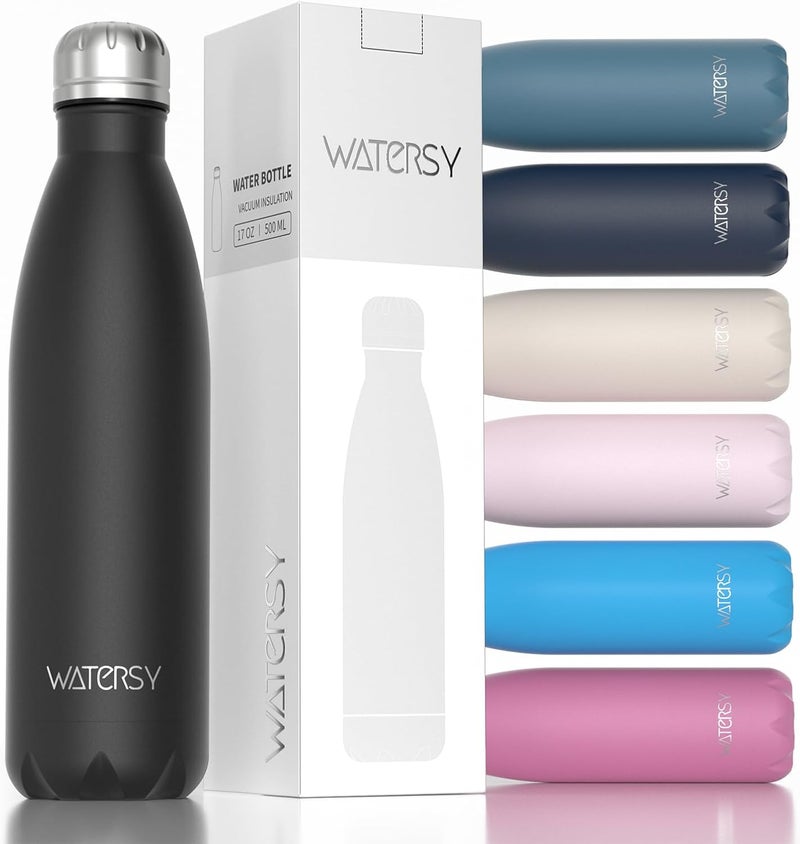 WATERSY Stainless Steel water bottles,17oz/500ml Insulated Water Bottles,Black metal water bottle Keeps Drink Cold and Hot,BPA Free kids water bottles for School,Gym,Travel,Sports - Image 1